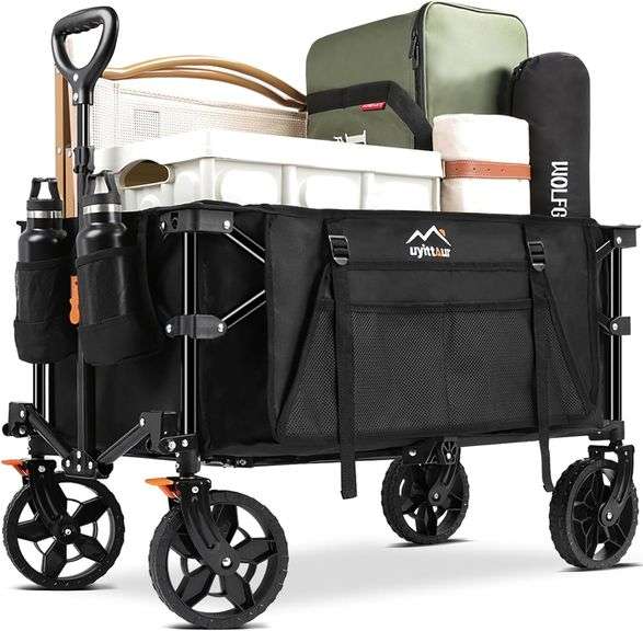 Wagon Cart Heavy Duty Foldable, Collapsible Folding Wagon with Compact Folding Design, Utility Grocery Wagon with Side Pocket and Brakes for Shopping,