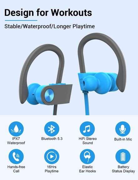 Stiive Bluetooth Headphones, 5.3 Wireless Sports Earbuds IPX7 Waterproof with Mic, Stereo Sweatproof in-Ear Earphones, Noise Cancelling Headsets for G