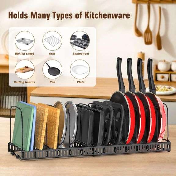 Cutting Board Organizer Rack, Expandable Baking Tray and Cookie Sheet Organizer with 14 Adjustable Dividers, Bakeware Muffin Tin Cupcake Pan Storage O