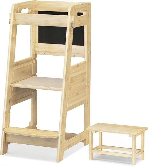 TOETOL Bamboo Toddler Kitchen Step Stool Kids Learning Helper Standing Tower 3 Height Adjustable Stool with Activity Chalkboard and Whiteboard Message