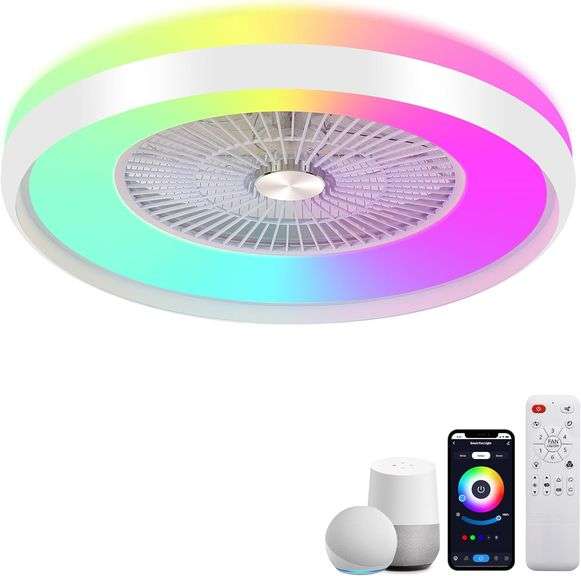 24" Bladeless Ceiling Fan with RGB Light Remote, Smart LED Ceiling Fans with Voice/App Control, Modern Low Profile Dimmable Light Ceiling Fan for Bedr