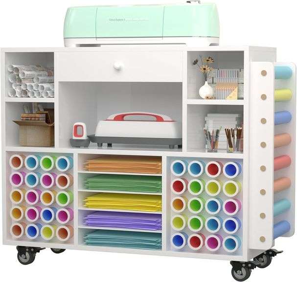 Craft organization and storage Cart Compatible with Cricut Machine, Rolling Craft Organizer With large drawer & 48 Vinyl Roll Holder, Crafting Cabinet