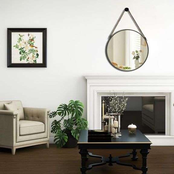 POZINO Round Mirror, Rope Hanging Mirror, 15 Inch Farmhouse Circle Wall Mirror for Bathroom Bedroom Living Room Entryway Home Decor, Grey