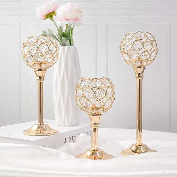 Kehail Elegant Crystal Candle Set of 6- Gold Tealight Holders, Votive Candelabras & Bowl Centerpiece Bulk for Dining Table, Wedding Decor