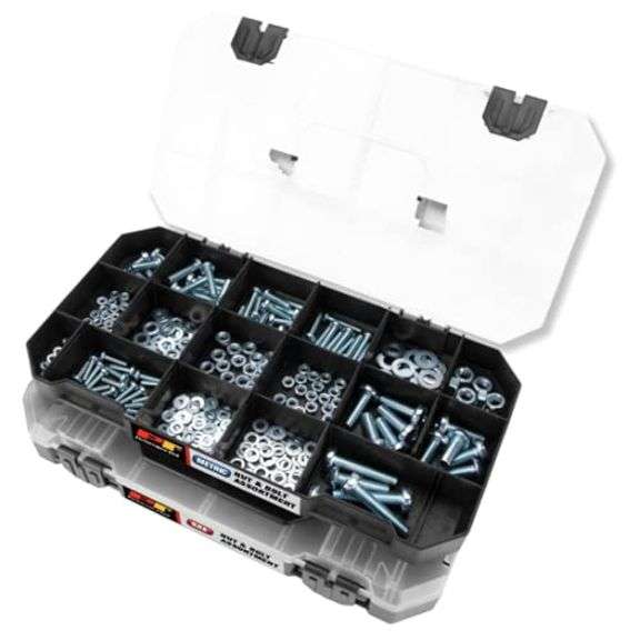 Performance Tool W5264 740pc Hardware Assortment Kit with SEA & Metric Nuts, Bolts & Washers, Stacking Interlocking Clear Lid Bins for Maximum Portabi