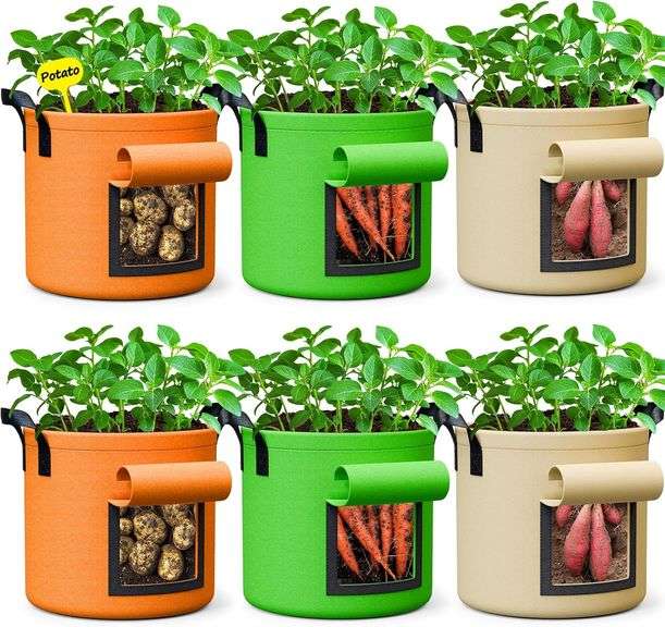 10 Gallon Potato Grow Bags - 6 Pack 350g Heavy Duty Thick Aeration Nonwoven Fabric Pots with Handles, Potatoes Grow Bags 10 Gal with Flap, Garden Bags