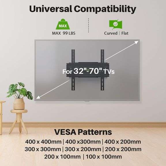 USX MOUNT Full Motion TV Wall Mount for Most 32-70 inch TVs up to 99 lbs, Wall Mount Bracket with Dual Articulating Arms, Swivel, Tilt, Max VESA 400x4
