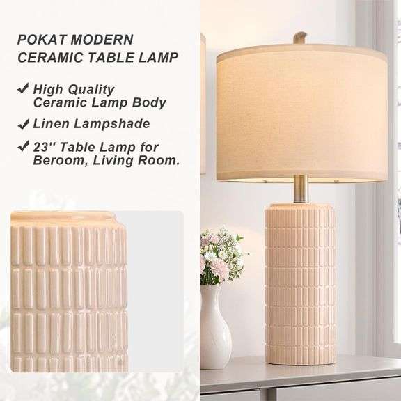 PoKat 23" Pink Ceramic Table Lamps Set of 2, Modern Bedroom Lamps for Girls Room, Bedside Lamps for Night Stands, Cute Lamps for Living Room Decor, Ni