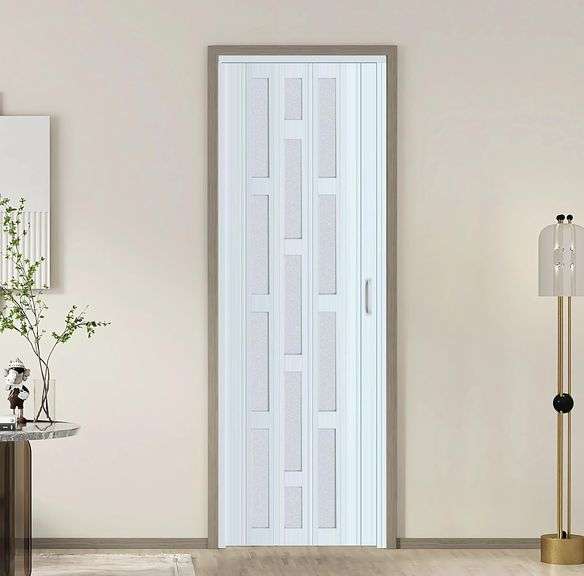 DIYHD 32X80in White Interior Accordion Door with Frosted Acrylic Glass,PVC Folding Closet Door with Installation Hardware