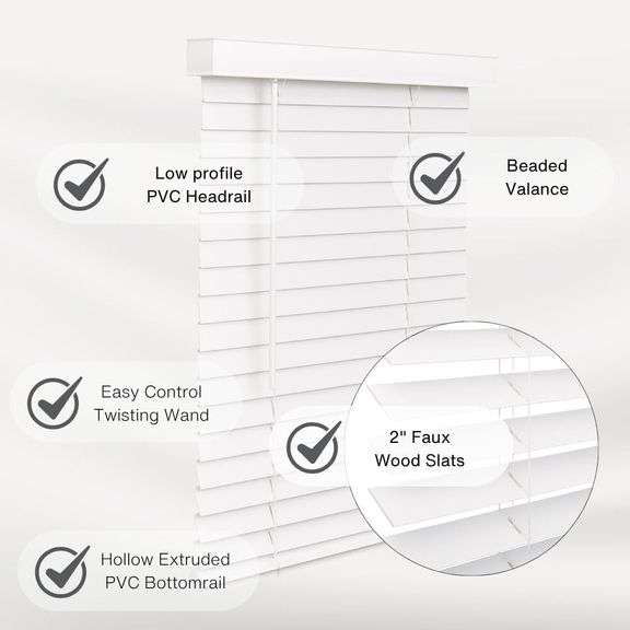 LOTUS & WINDOWARE Cordless Faux Wood Blinds, 34" Wide x 96" Long, Smooth, Snow White, 2 Inch Horizontal Blinds for Living Room, Bedroom, Interior Door