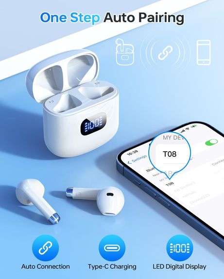 Wireless Earbuds Bluetooth 5.3 Headphones, 40Hrs Playback Stereo Ear Buds with LED Display Charging Case IPX7 Waterproof in-Ear Earphones with Mic for