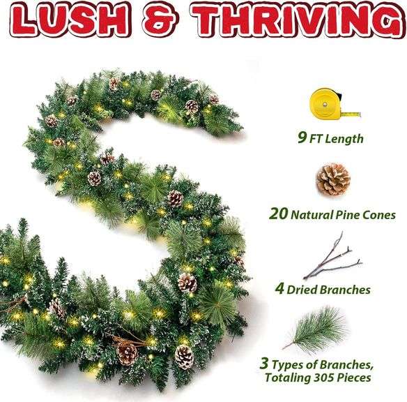 9 Ft Prelit Christmas Garlands with 100 Lights Battery Operated Timer 8 Modes, 329 PCS Artificial Garland Christmas Decoration with Rich Leaves Pine C