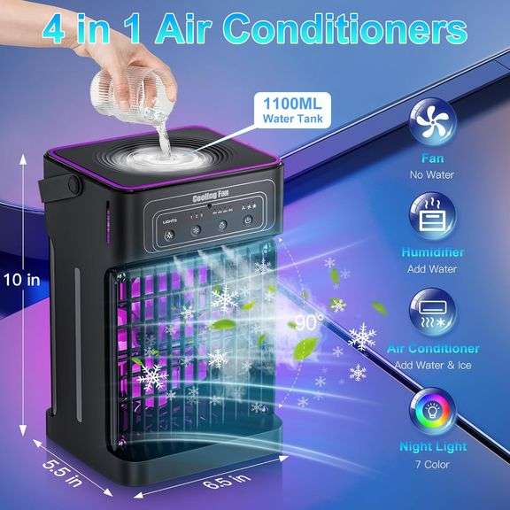 Portable Air Conditioners Cooling Fan, 4-IN-1 Portable AC Unit with 3 Cool Mist &Speeds, 7 Night Light & 2-8H Timer Evaporative Air Cooler Fan, Person