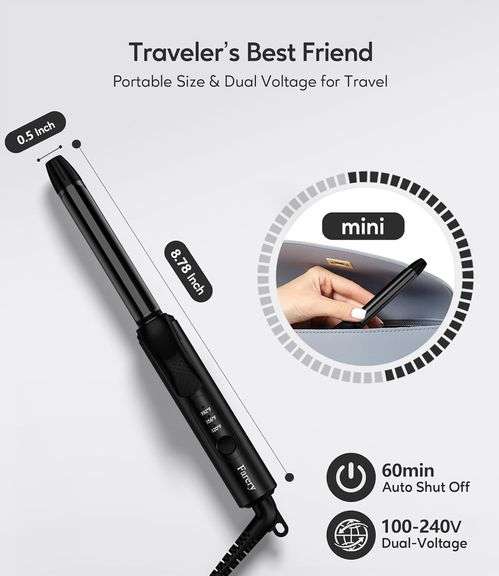 FARERY Small Curling Iron With 3 Adjustable Temp, Mini for Short Hair, Travel Dual Voltage, Ceramic Hair Curler With Keratin & Argan Oil Infused, Stor