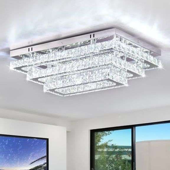 Finktonglan Modern Crystal LED Ceiling Light Fixture 20 Rectangular Flush Mount Chandelier Ceiling Lights 3-Tiers Stainless Steel Ceiling Lamp Fixture