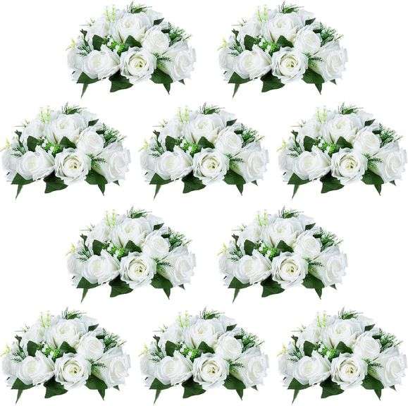 NUPTIO Pcs of 10 Fake Flower Ball Arrangement Bouquet,15 Heads Plastic Roses with Base, Suitable for Our Store's Wedding Centerpiece Flower Rack for P