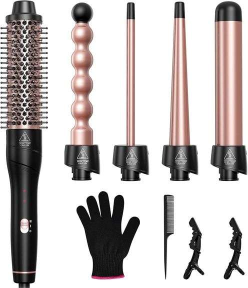 Lopeie 5 in 1 Curling Iron,Curling Wand Set with Curling Brush and 4 Interchangeable Ceramic Curling Wand(0.5 -1.25 ),Instant Heat Up,Include Heat Pro