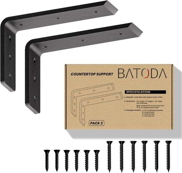 BATODA 10 Countertop Support Brackets (2 pcs) for Granite - Heavy Duty L Shelf Bracket - Wall Mounted Support for DIY Open Shelving Blind Shelf Suppor