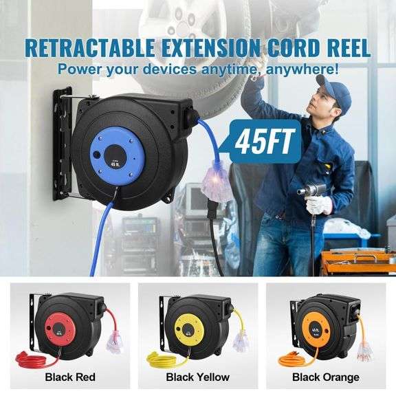45ft., 12 Gauge / 3 Conductors, 15 Amps Retractable Extension Cord Reel with 3-Outlets