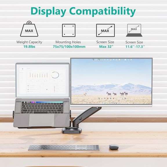 WALI Laptop Mount for Desk, Laptop Arm Mount for 17"-32 Computer Screen and 11.6" - 17.3" Notebook,Dual Monitor Mount Holds up to 19.8lbs, Laptop Tray