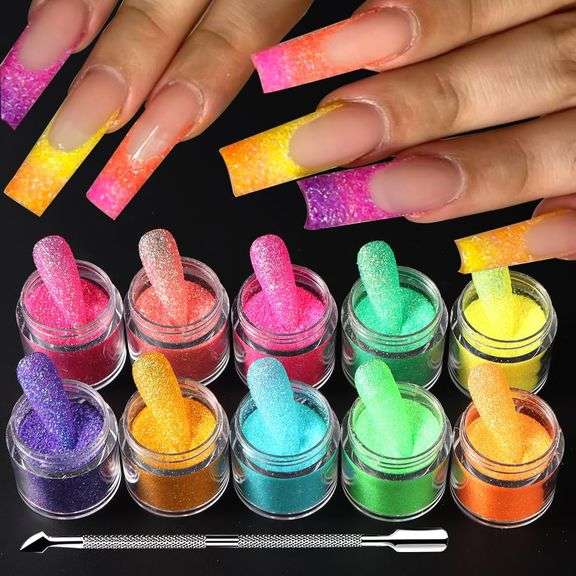 Lot of 67 packs of 10 color Bottle Shimmer Sugar Glitter Powder for Nails,Colorful Candy Coat Effect Iridescent Nail Dipping Powder Pigment, Fluoresce