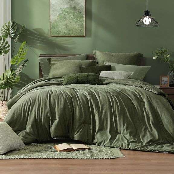Monbix Queen Comforter Set - 7 Pieces Cationic Dyeing Olive Green Bed in a Bag Queen Bedding Sets with Comforter, Sheets, Pillowcases & Shams, Reversi