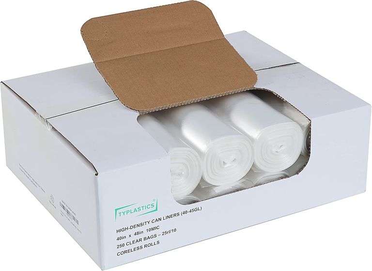 Lot of 10 rolls- TYPLASTICS 40 - 45 Gallon Clear Trash Can Liners - 40" x 48" - HD Garbage Bags - Case of 250 liners