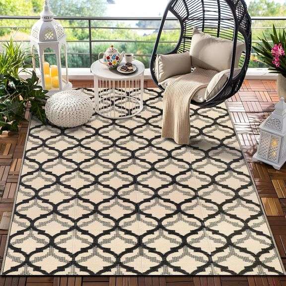OLANLY Reversible Outdoor Rug 5x8 ft Clearance, Waterproof Plastic Straw Rug, Large Patio Rug with Interlacing Pattern, RV Mat for Patio, Camping, Bal