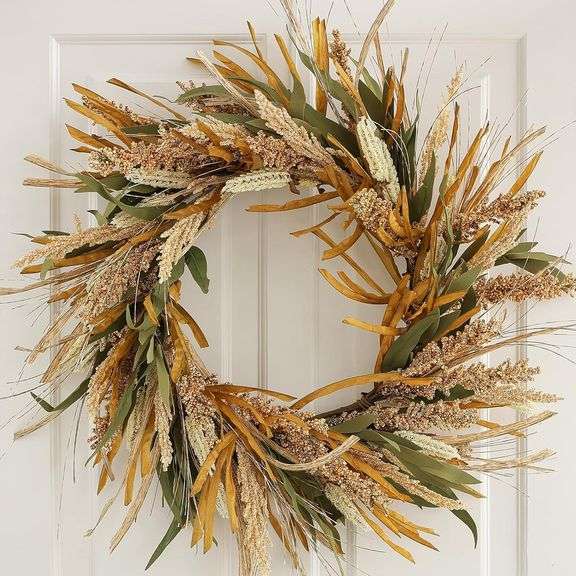 Hometrance Fall Harvest Grain Wreath for Front Door Outside, 22-24 Inch Indoor Outdoor Wreath for Thanksgiving, Farmhouse Autumn Wreath for Home Porch