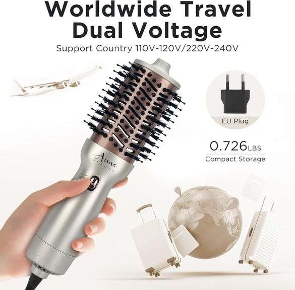 Aima Beauty 4 in 1 Worldwide Travel Hot Air Brush Dual Voltage Blowout Brush Oval Shape One Step Volumizer Straightener Blow Dryer Brush Ionic Lock Mo