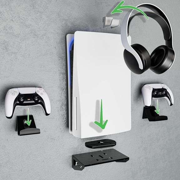 ADZ PS5 Wall Mount Kit with Controller Holders Compatible with Slim, Disc and Digital Versions