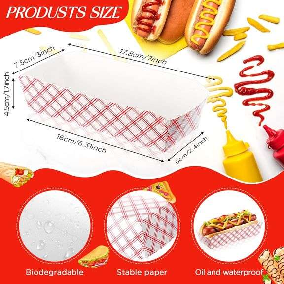 Yeaqee 100 Pcs 7" Paper Hot Dog Trays Red White Pattern Disposable Paper Food Nacho Boats Hot Dog Holders Hot Dog Plates Disposable Serving Trays for