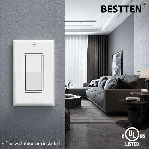 10 Pack BESTTEN Single Pole Decorator Wall Light Switch with Wallplate, 15A 120/277V, On/Off Rocker Paddle Interrupter, cUL Listed, White