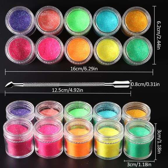 Lot of 67 packs of 10 color Bottle Shimmer Sugar Glitter Powder for Nails,Colorful Candy Coat Effect Iridescent Nail Dipping Powder Pigment, Fluoresce