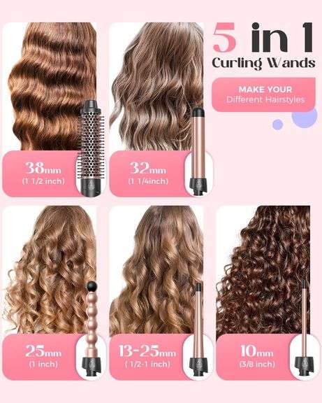 Lopeie 5 in 1 Curling Iron,Curling Wand Set with Curling Brush and 4 Interchangeable Ceramic Curling Wand(0.5 -1.25 ),Instant Heat Up,Include Heat Pro