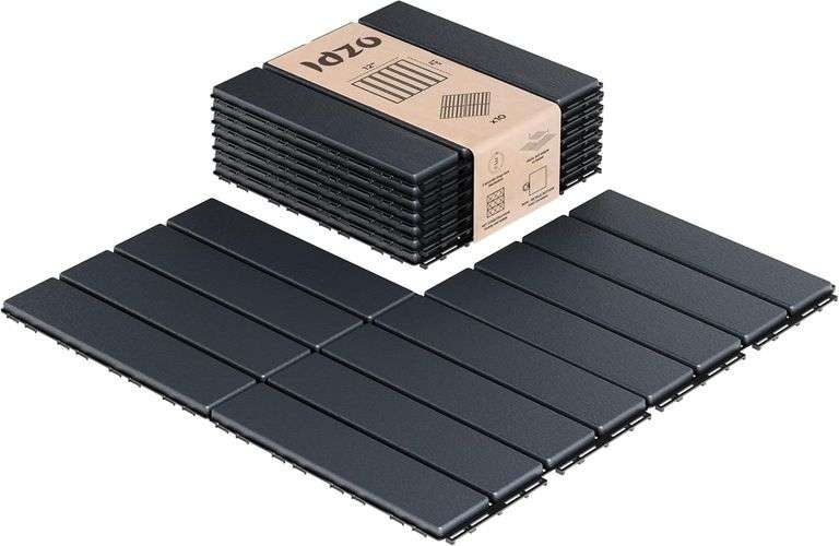 IDZO Plastic Interlocking Deck Tiles - 9PCS Waterproof Outdoor Flooring, All Weather Use Patio Tiles, Decking Stripe Pattern, 12 x 12 x 0.7 Inches, Da