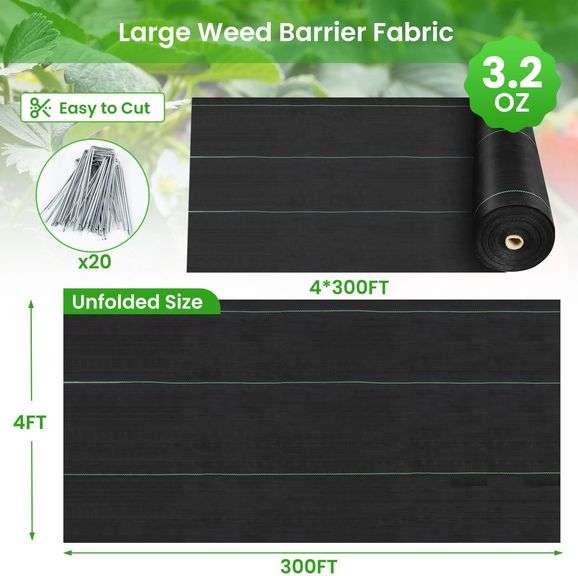 Weed Barrier Fabric, 4x300ft Landscape Fabric, 3.2oz Heavy Duty Durable Woven Geotextile Fabric, High Permeability Ground Cover Mat, Driveway Fabric,