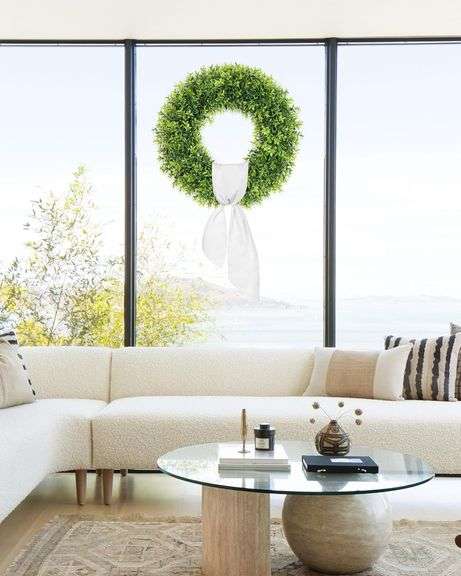 Petalyn Artificial Green Leaves Wreath for Front Door,24 inch Boxwood Wreath with Sash for Spring, Summer, Front Door, Farmhous,Window,Hanging Wall, A