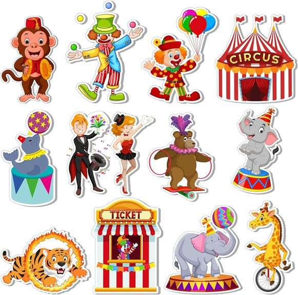 Nezyo 200 Pcs Carnival Cutouts Circus Bulletin Board Decoration Clown Juggling Theme Cut-Outs Accents with 400 Glue Points DIY Crafts for Carnival Cir