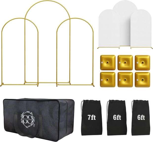 Backdrop Arch Stand Set of 3 with White Covers Includes one 7ft & Two 6ft Arches, Carrying Case, Water Weights, and Spandex Covers