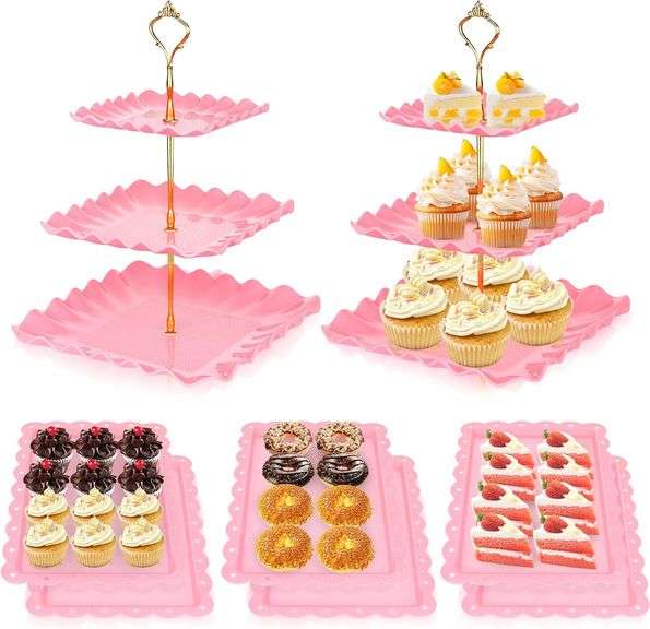 DI QIU REN 8 Pcs Dessert Table Display Set Plastic Square Pink Cupcake Stand 2Pcs 3 Tier Cupcake Stands with Gold Rod Cookie Tray Rack Serving Tower 6