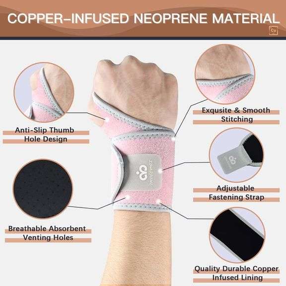 INDEEMAX 2 Pack Copper Wrist Brace Support for Carpal Tunnel, Pain Relief, Arthritis, Tendonitis, Adjustable Wrist Braces Compression Wraps Both Hands