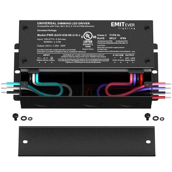 EMITEVER 30W Dimmable LED Driver, 24V Triac Dimmable Power Supply, AC to DC Transformer for LED Light, Compatible with Lutron and Leviton Dimmer, Wate