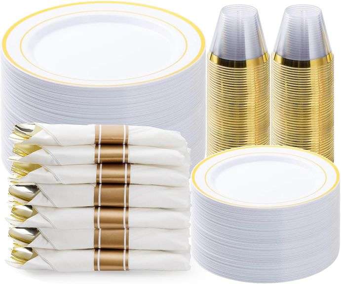 BESTVIP 350PCS Gold Plastic Dinnerware Set, Disposable Party Plates for 50 Guests, Include: 100 Plastic Plates, 50 Pre Rolled Napkins with Gold Silver
