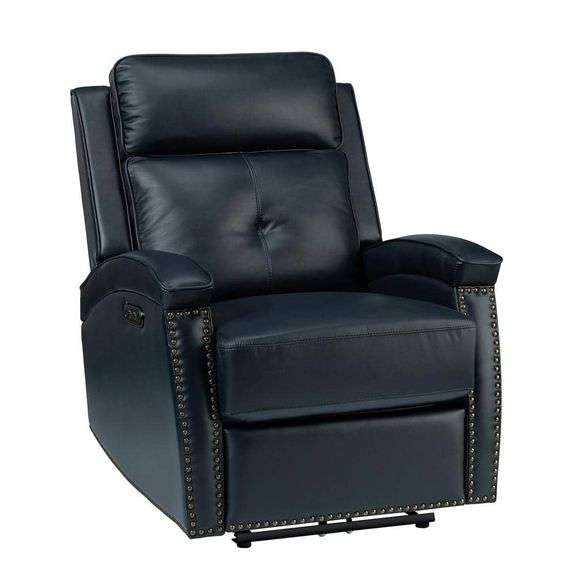 Hermann Navy Genuine Leather Power Recliner with Bronze Nailhead Trim