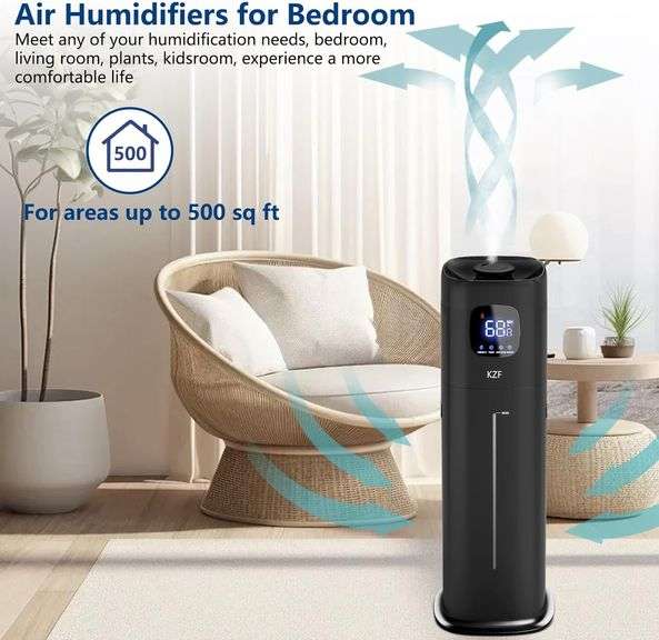 9L/2.5Gal Humidifier for Large Room Bedroom, KZF Ultrasonic Cool Mist Humidifier with Humidistat, 360 Nozzle, Last 72 Hours Suitable for Baby Home Ind
