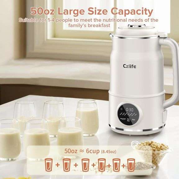 Czlife N7 Nut Milk Maker, 50oz (1.5L) Automatic Soy Milk Maker Machine for Homemade Oat Milk, Nutmilk, Juice, Milkshake, Baby Food, Grains, Almonds Mi
