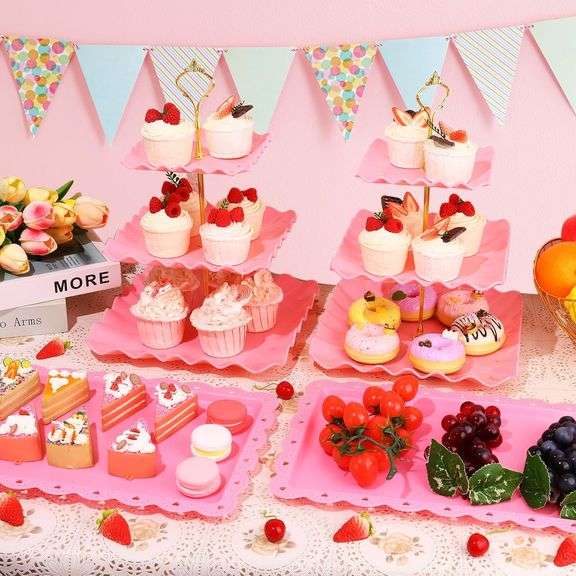 DI QIU REN 8 Pcs Dessert Table Display Set Plastic Square Pink Cupcake Stand 2Pcs 3 Tier Cupcake Stands with Gold Rod Cookie Tray Rack Serving Tower 6