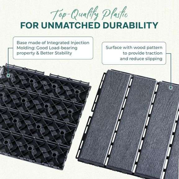IDZO Plastic Interlocking Deck Tiles - 9PCS Waterproof Outdoor Flooring, All Weather Use Patio Tiles, Decking Stripe Pattern, 12 x 12 x 0.7 Inches, Da