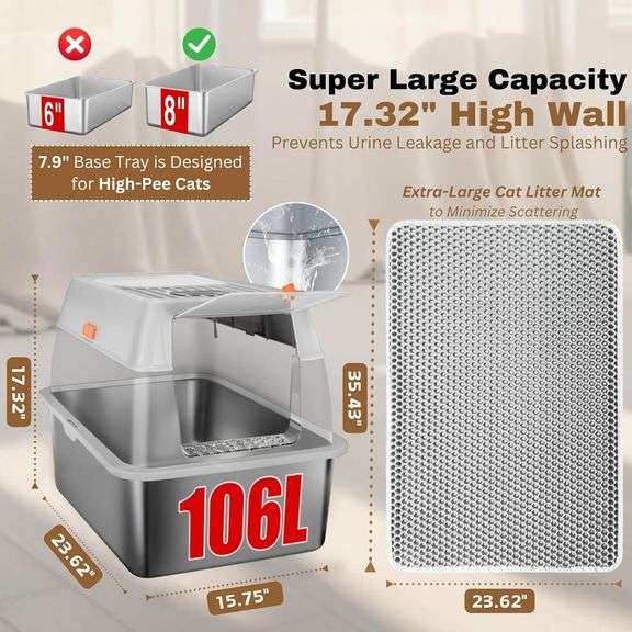 Fully Enclosed XXL Stainless Steel Litter Box with Lid, 8 Deep Pan, Large Stainless Steel Cat Litter Box for Big Cat with Scoop, Step Board, Mat, Brus